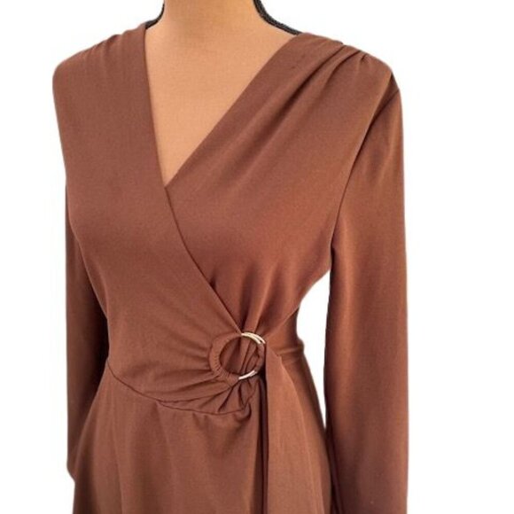 Marina Surplice Neckline Faux Wrap Belted Midi Dress in Brown – Size Small - Picture 3 of 10